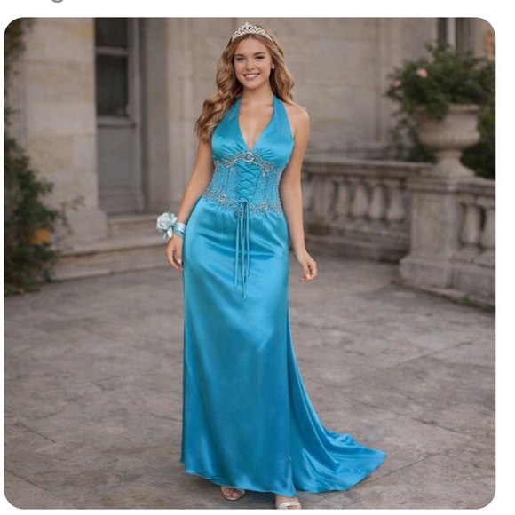 Mon Cheri Dresses & Skirts - Turquoise Blue Silk Corset Halter Evening Prom Gown